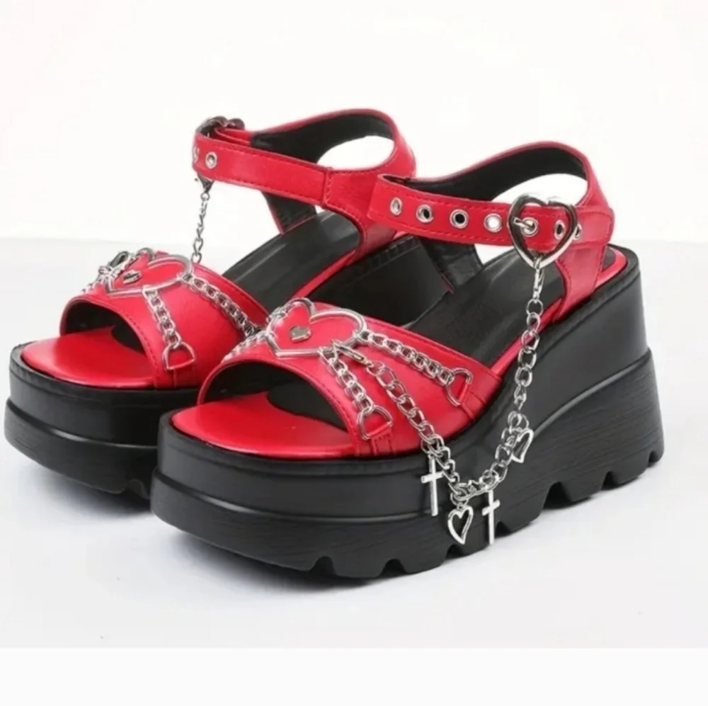 Red Platform Sandals with Chain Detail Sz 9